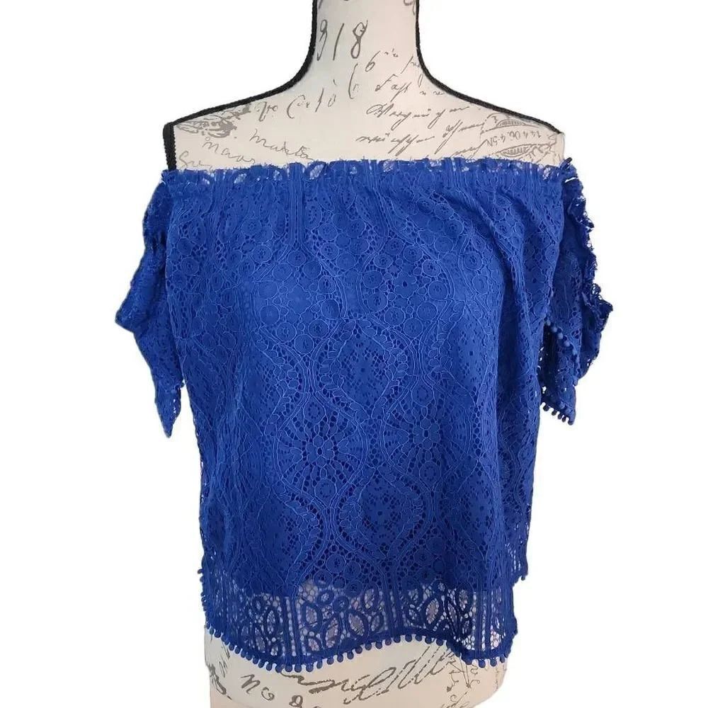 Heartloom Ladies Blue Lace Off the Shoulder Cap Sleeve Crop Blouse - Size Large